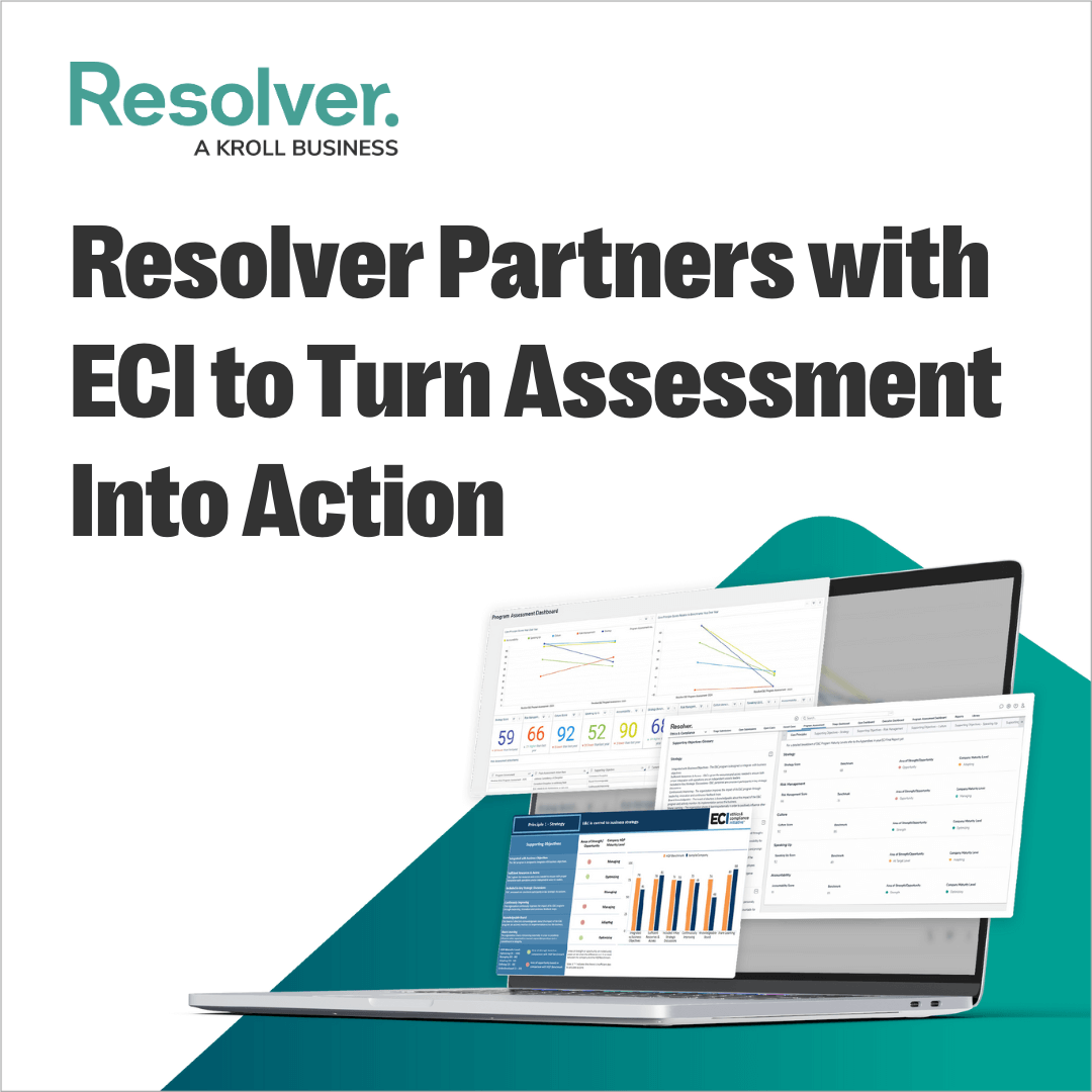 Image showing the Resolver logo with the text: "Resolver Partners with ECI to Turn Assessment Into Action." Below the text is an open laptop displaying various dashboards, charts, and data visualizations related to ethics and compliance program assessments.